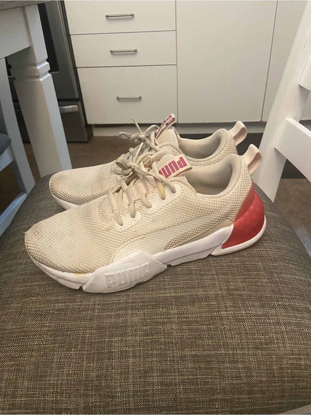 Puma Women's Cream Knit Sneakers with Red Heel Accent - No Insole